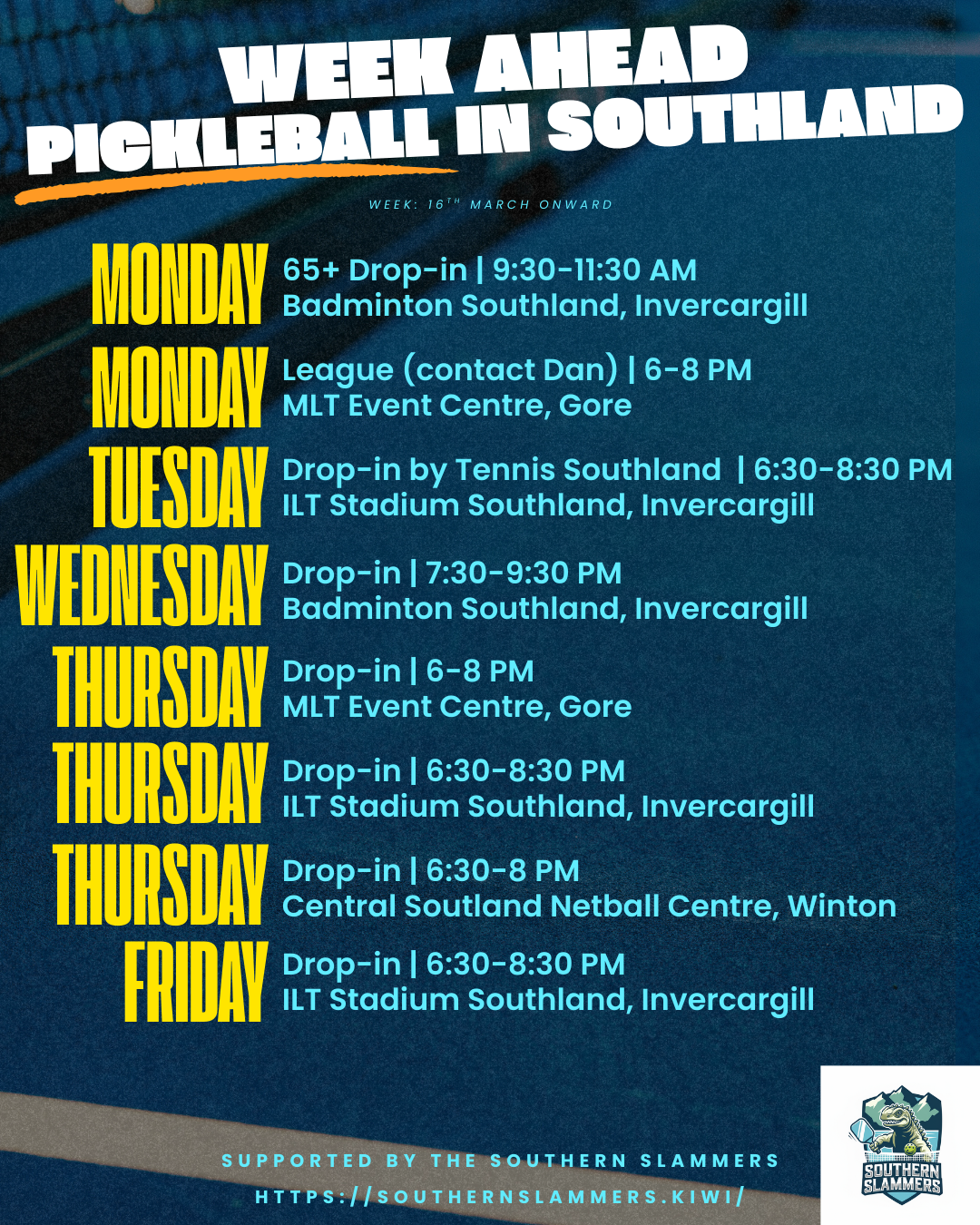 Pickleball sessions across Southland including Invercargill, Gore and Winton