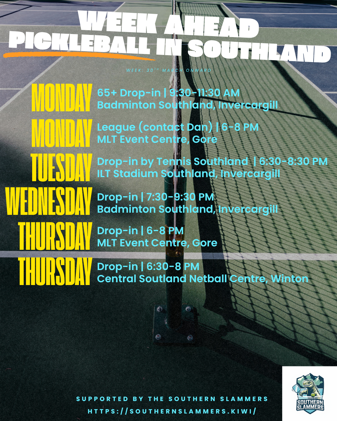 Pickleball weekly schedule across Southland including Gore, Winton and Invercargill