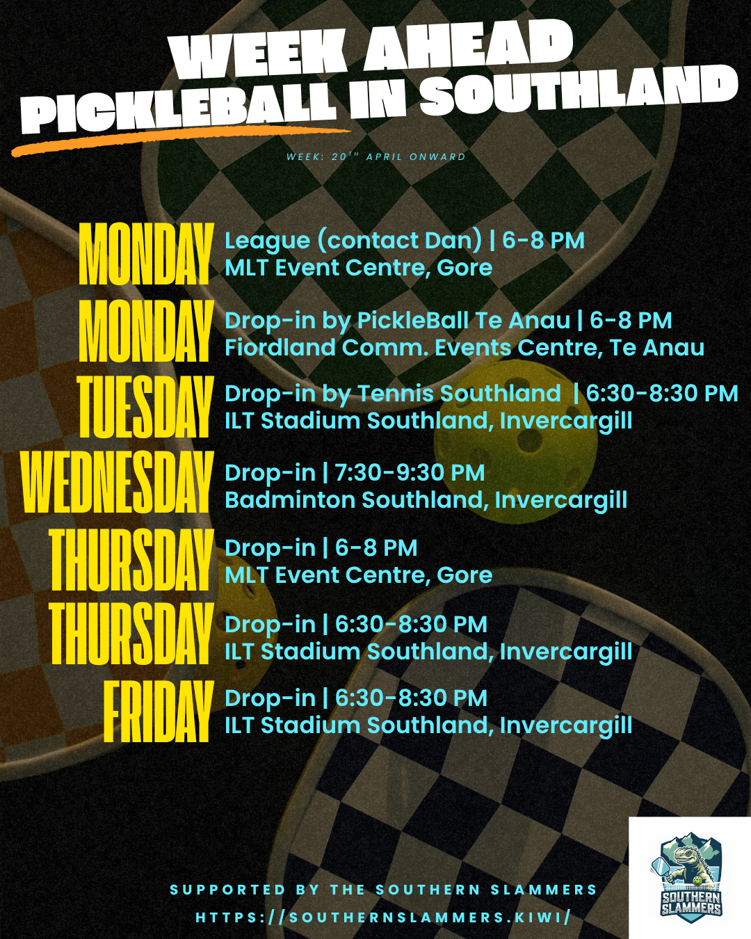 Pickleball sessions in Southland Murihiku – weekly schedule for the week of 20 April 2026 including Invercargill, Gore and Te Anau