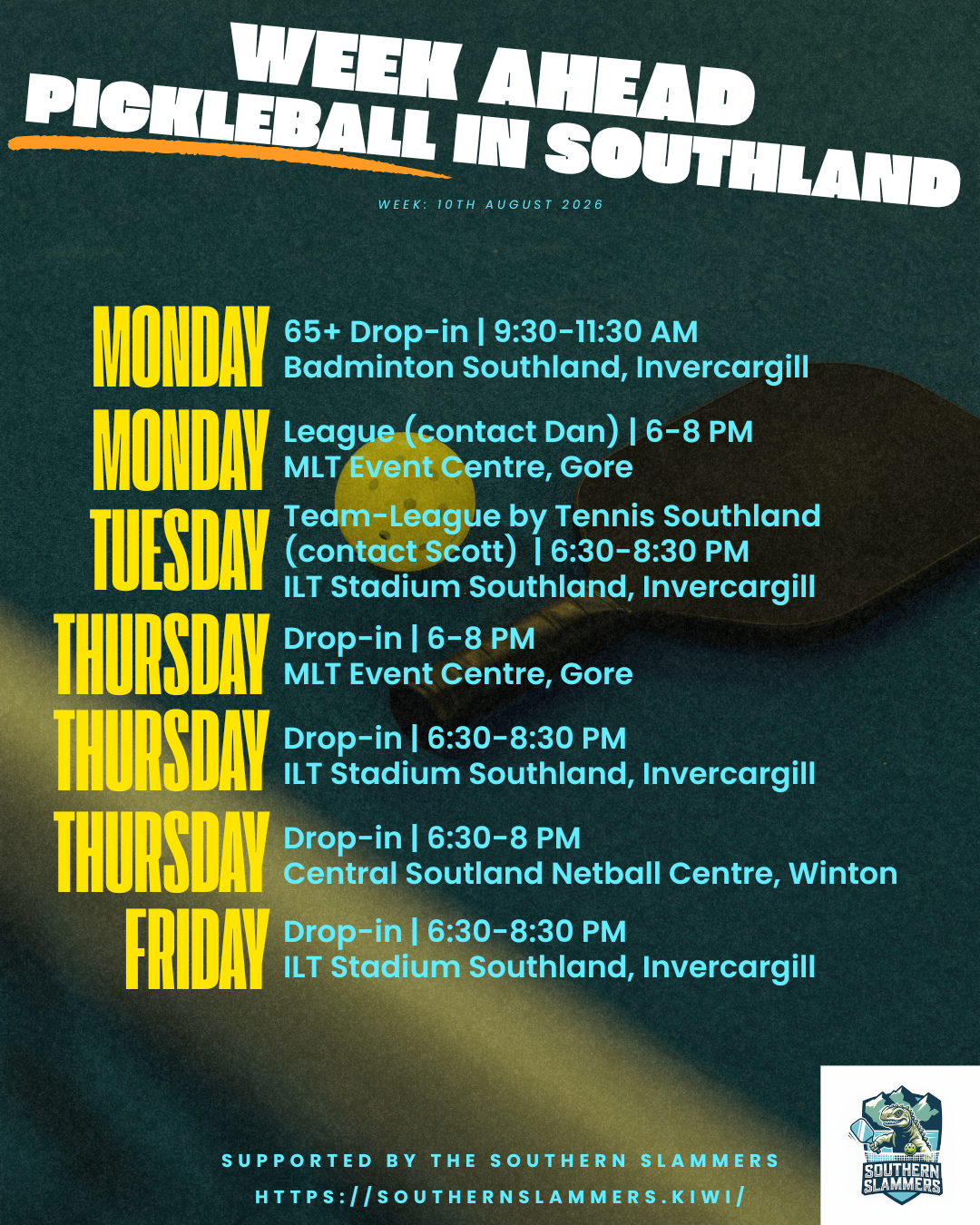 Pickleball sessions in Southland Murihiku – weekly schedule for the week of 10 August 2026 including Invercargill, Gore, Winton and Te Anau