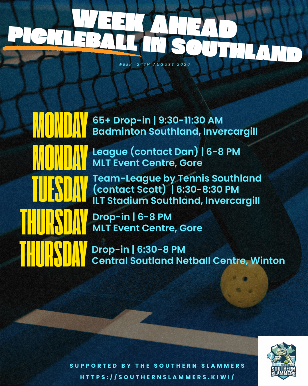 Pickleball sessions in Southland Murihiku โ weekly schedule for the week of 24 August 2026 including Gore, Winton and Te Anau