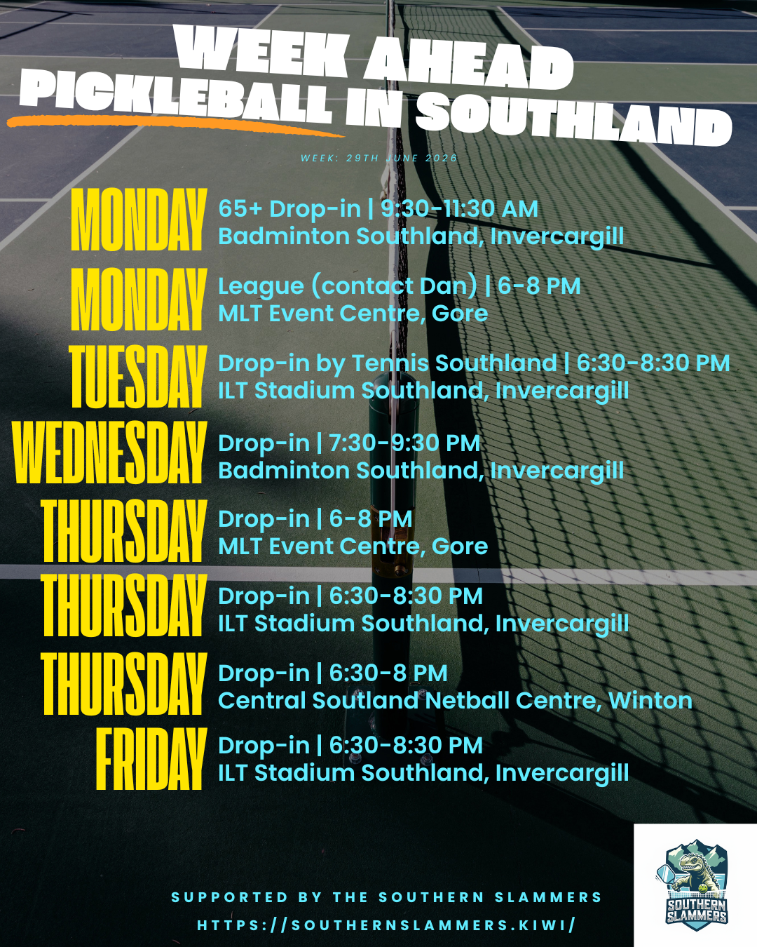 Pickleball sessions in Southland Murihiku – weekly schedule for the week of 29 June 2026 including Invercargill, Gore, Winton and Te Anau