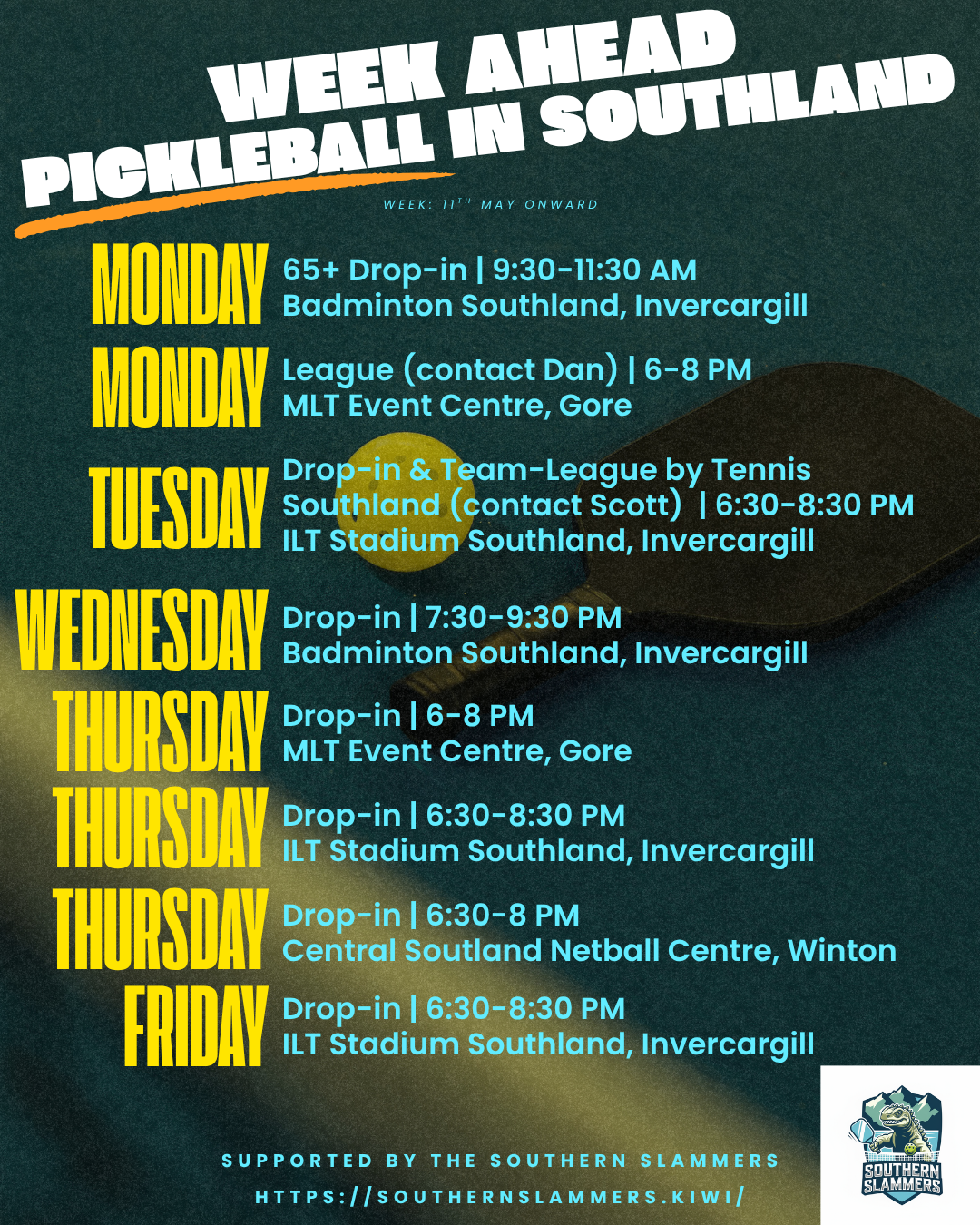 Pickleball sessions in Southland Murihiku – weekly schedule for the week of 11 May 2026 including Invercargill, Gore, Winton and Te Anau