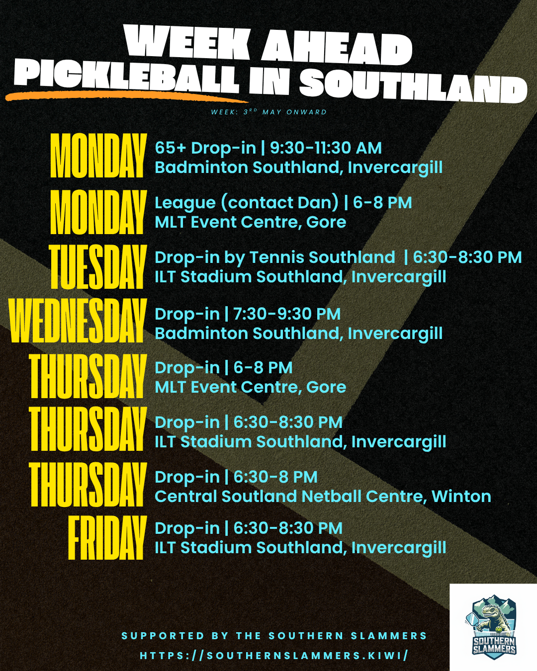 Pickleball sessions in Southland Murihiku – weekly schedule for the week of 3 May 2026 including Invercargill, Gore, Winton and Te Anau